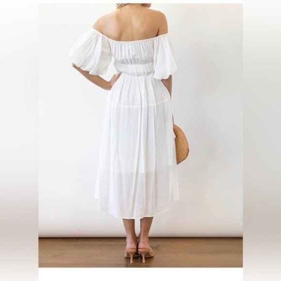 Boho Off Shoulder Puff Sleeves High Waist Ruffled Flowy A Line Dress Size L - Picture 2 of 14